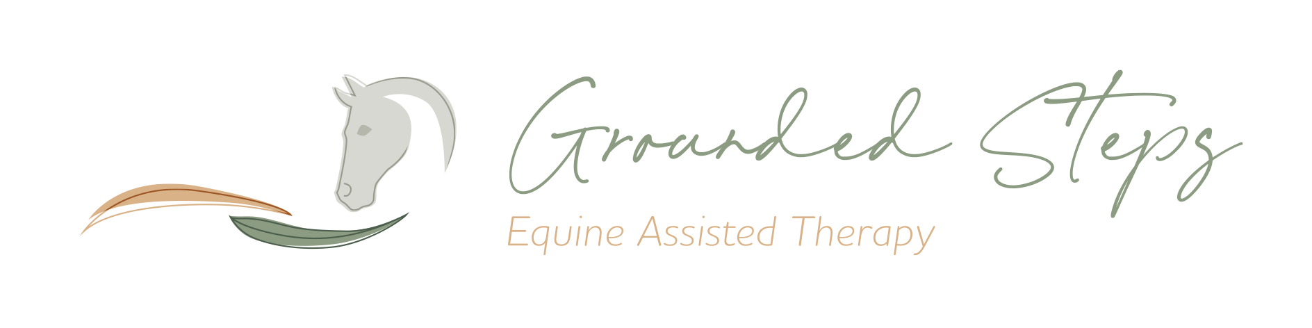 Grounded Steps Equine Assisted Therapy logo featuring a stylised horse head with flowing sage green and warm tan lines.