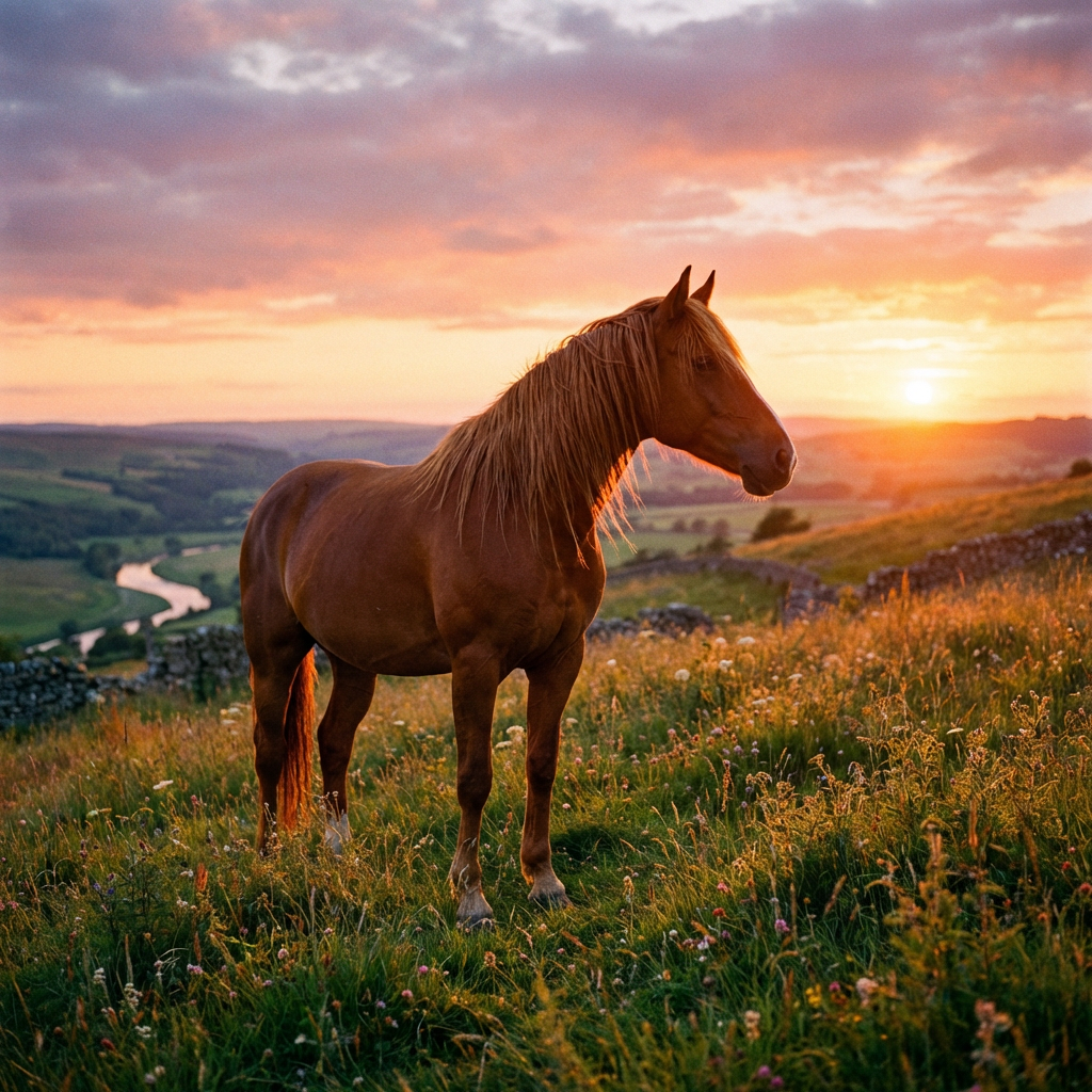 Horse standing on grassy hill at sunset